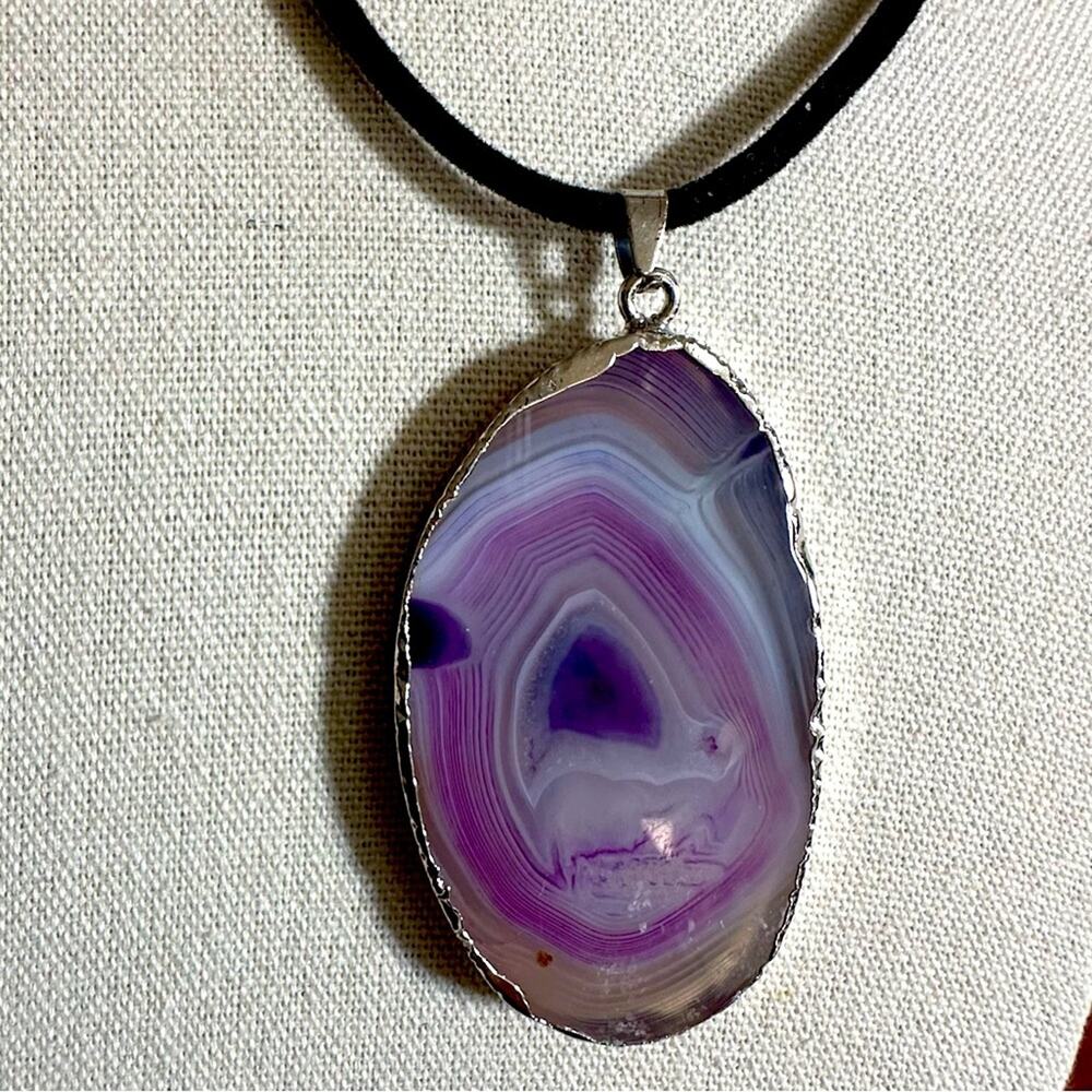 Purple Agate Slice Stone Silver Dipped Pendant Statement Necklace Lagenlook